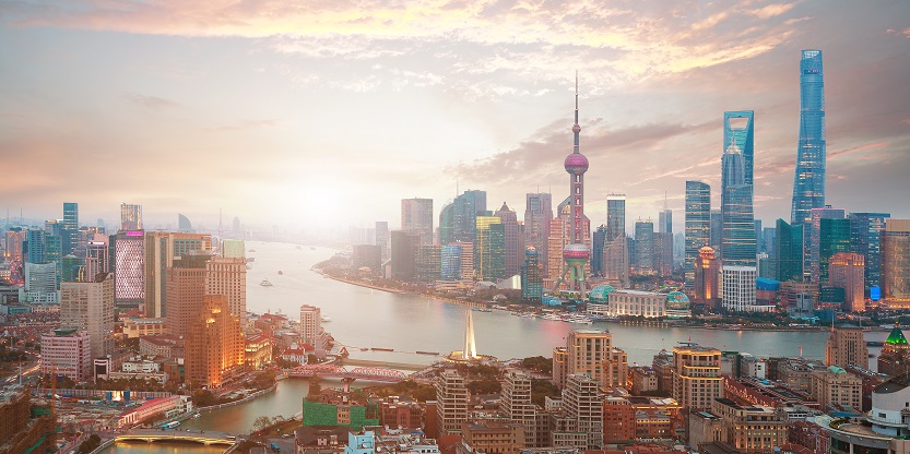 Aerial photography bird view at Shanghai bund Skyline of sunrise