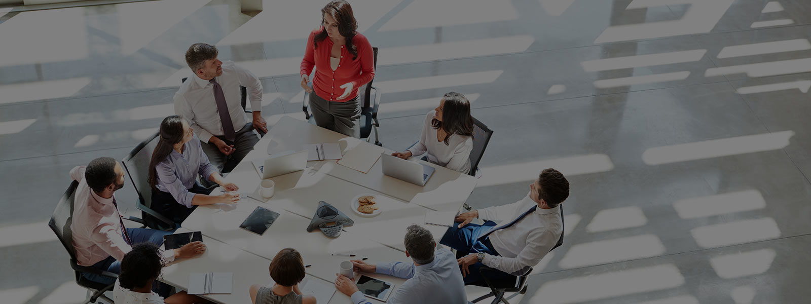 Businesswoman addressing team meeting, elevated view