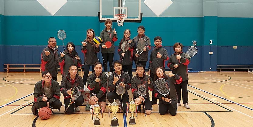 Thomas at the Lingnan University site team show their team spirit at a sports day event.