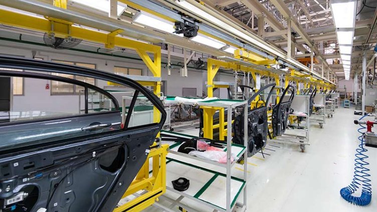 Automated car Assembly line. Assembly of car door. plant of automotive industry. Line of car body