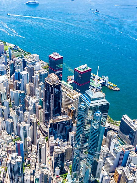 Aerial view of a city on the river bank