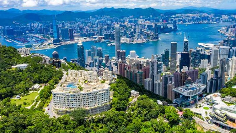 Aerial view of a city on the river bank