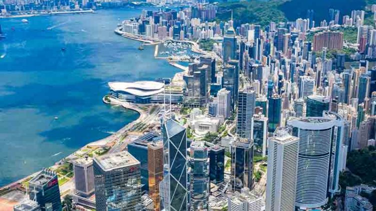 Aerial view of a city on the river bank