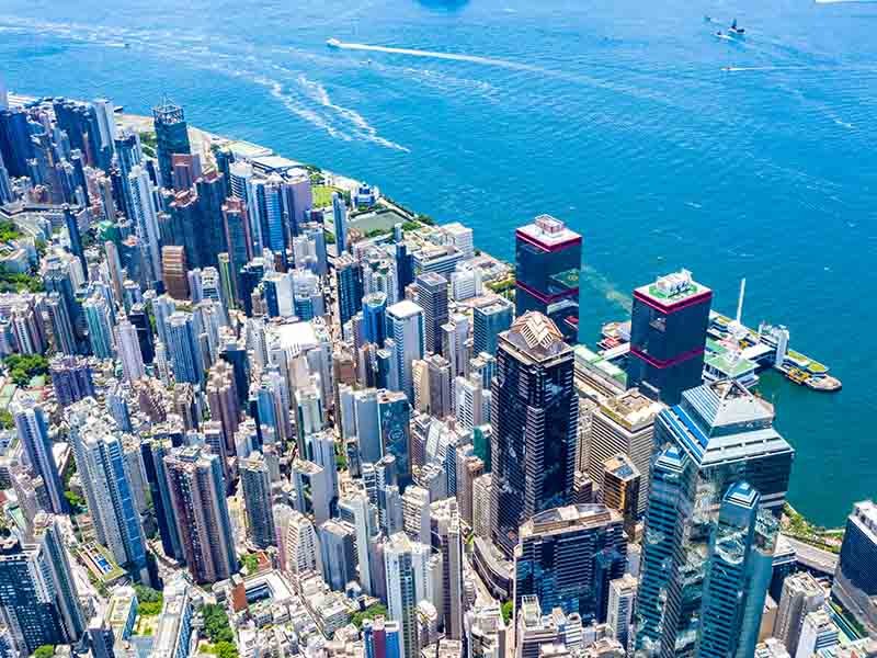 Aerial view of a city on the river bank