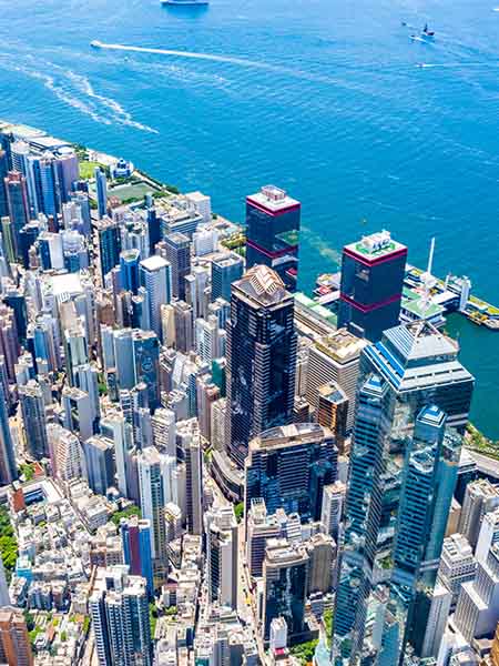 Aerial view of a city on the river bank